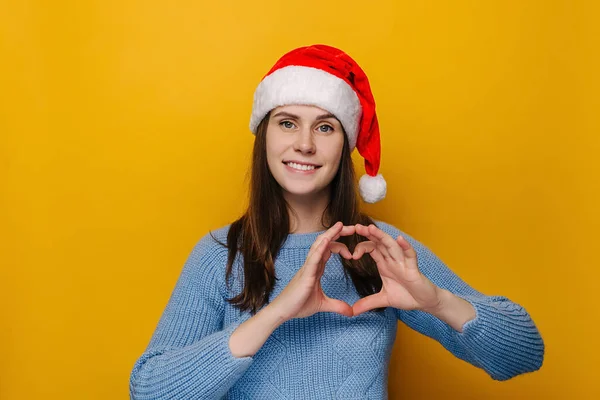 Donna Allegra Cappello Natale Che Sorriso Affascinante Largo Mette Mani — Foto Stock