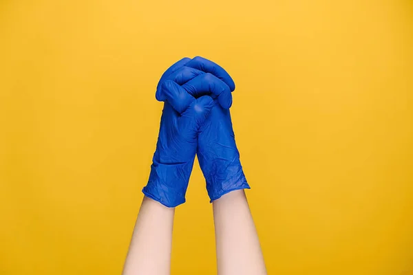 Close Unrecognizable Female Medical Blue Gloves Holds Hands Prayer God — Stock Photo, Image