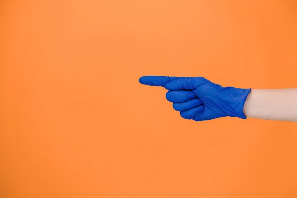 Close Male Finger Pointing Copy Space Wears Medical Protective Latex — Stock Photo, Image