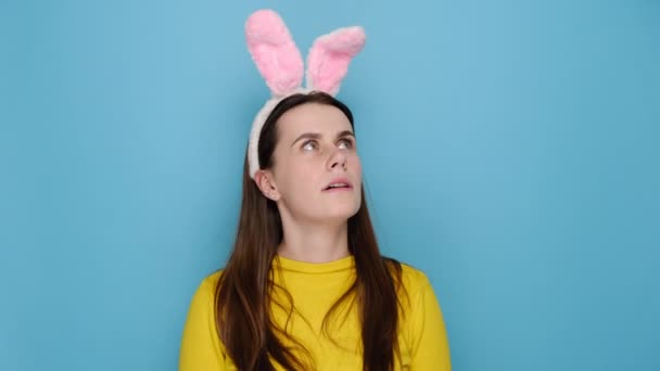 Close Portrait Unhappy Displeased Young Woman Pink Bunny Fluffy Ears — Stock Video