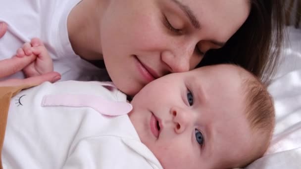 Loving Beautiful Young Mum Kissing Cheek Cute Adorable Funny Little — Stock Video