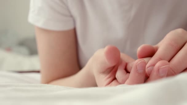 Närbild Kärleksfull Söt Ung Mor Håller Baby Händerna Och Kysser — Stockvideo