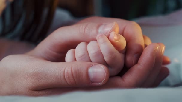 有爱心的年轻妈妈手牵着孩子 亲吻着她的手指 细心可爱的妈妈抚摩着躺在舒适的灰色床上的小女儿 感情和幸福的家庭观念 — 图库视频影像