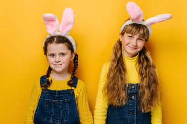 Pembe tavşan kulağı takan, sarı stüdyo arka planında izole edilmiş, mutlu bir şekilde kameraya bakan iki güzel kız kardeşin yakın portresi. Çocukluk hayatı ve Paskalya tatili konsepti