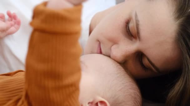 Selective Focus Close Pleasant Caring Young Mother Cute Little Daughter — Stock Video