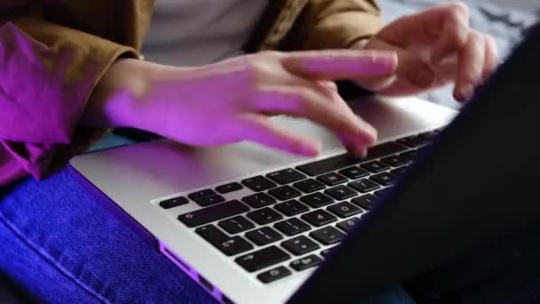 Close Side View Female Hands Type Laptop Keyboard Spell Words — Stock Video