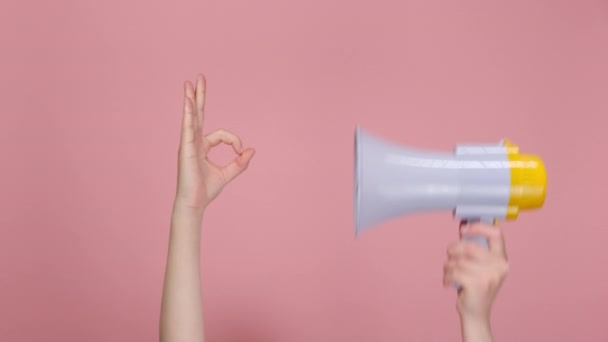 女性手紧握着扩音器 自信地做着好的手势 给予认可或推荐 喜欢的想法 在粉色背景下与广告的复制空间隔离 成功概念 — 图库视频影像
