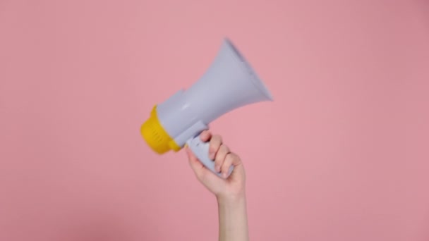 Cropped Footage Young Woman Hold Hand Bullhorn Public Address Megaphone — Video