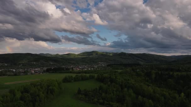 Vista Aérea Del Dron Hermosos Campos Verdes Majestuosas Montañas Bosque — Vídeos de Stock
