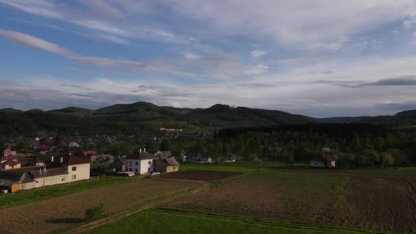 Widok Lotu Ptaka Wieś Pola Zachmurzone Letni Dzień Obszar Wiejski — Wideo stockowe