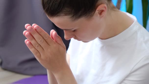 Close Religious Young Woman 20S Praying Hope Holding Hands Together — Stock Video