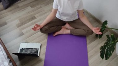 Sağlıklı 20 'li yaşlarda genç bir kadın evde yoga sanal eğitim spor egzersizi yaparken bilgisayarında canlı televizyon pilates dersi izleyerek meditasyon yapıyor. Ruh sağlığı kavramını geliştir