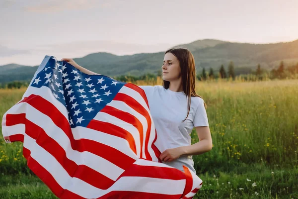 Happy Cute Young Brunette Girl Holding National Usa Flag Standing —  Fotos de Stock