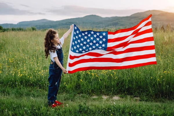 Close Playful Happy Little Preschool Girl National Usa Flag Outdoors — Stock Photo, Image