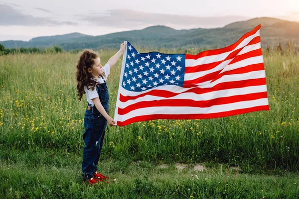 Close Playful Happy Little Preschool Girl National Usa Flag Outdoors — Foto Stock