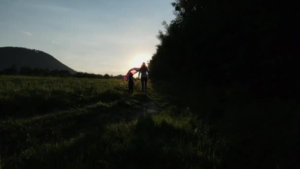 Letecký Bezpilotní Pohled Krásnou Mladou Matku Dcerušku Jak Běží Terénu — Stock video