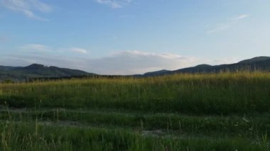 Gün batımında arka planda Amerikan bayrağıyla koşan genç anne ve kızının hayali drone çekimi. 4 Temmuz, Bağımsızlık Günü kutlaması. Vatansever tatil konsepti