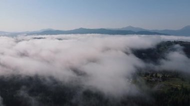 Güneşli bir günde, kırsal alanda, ufukta yaz dağlarının zirvelerinde güzel bir hava aracı görüntüsü. İlham verici ve büyüleyici sükunet. Seyahat güzergahı cennet doğa kavramı
