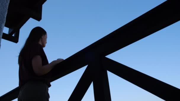 Silhouette Young Caucasian Woman 20S Standing Balcony Drinking Hot Coffee — Stock Video