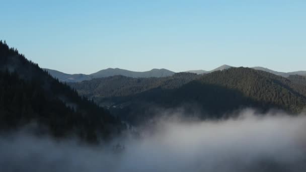 Voando Através Nevoeiro Acima Montanhas Calmas Altos Picos Manhã Maravilhosa — Vídeo de Stock