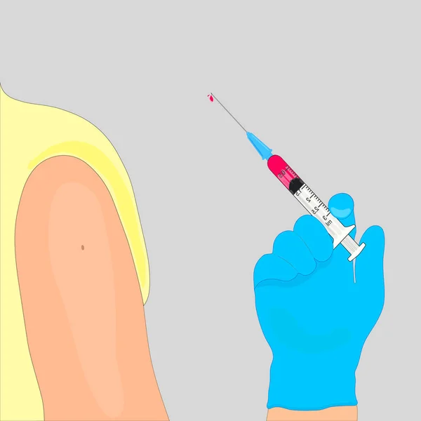 Flat drawing the doctor inserts the vaccine into the patient\'s shoulder. Vaccination of people against infections and bacterial diseases. A syringe in the doctor\'s hand. illustration