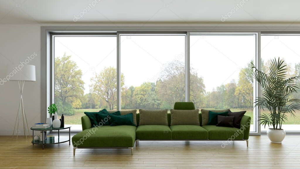 Large luxury modern bright interiors Living room mockup illustration 3D rendering computer digitally generated image