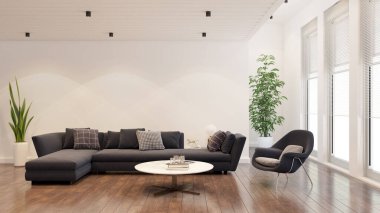 Büyük lüks, modern, parlak iç mekanlar. Oturma odası tasviri. 3D görüntüleme.