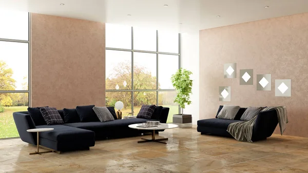 Grande Luxo Modernos Interiores Luminosos Sala Estar Mockup Ilustração Renderização — Fotografia de Stock