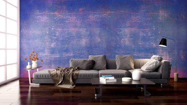 Büyük lüks, modern, parlak iç mekanlar. Oturma odası tasviri. 3D görüntüleme.