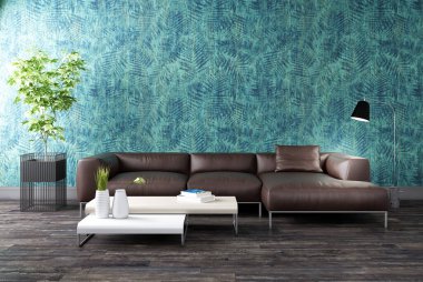 Büyük lüks, modern, parlak iç mekanlar. Oturma odası tasviri. 3D görüntüleme.