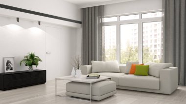 Büyük lüks, modern, parlak iç mekanlar. Oturma odası tasviri. 3D görüntüleme.