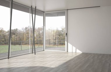 Büyük lüks, modern, parlak iç mekanlar. Oturma odası tasviri. 3D görüntüleme.