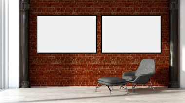 Büyük lüks, modern, parlak iç mekanlar. Oturma odası tasviri. 3D görüntüleme.