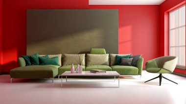 Büyük lüks, modern, parlak iç mekanlar. Oturma odası tasviri. 3D görüntüleme.