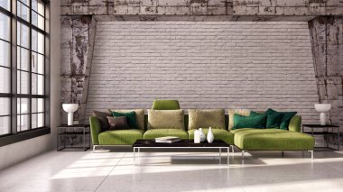 Büyük lüks, modern, parlak iç mekanlar. Oturma odası tasviri. 3D görüntüleme.