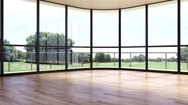 Büyük lüks, modern, parlak iç mekanlar. Oturma odası tasviri. 3D görüntüleme.