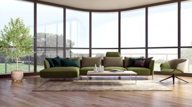 Büyük lüks, modern, parlak iç mekanlar. Oturma odası tasviri. 3D görüntüleme.