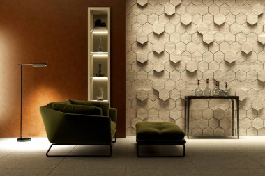 Büyük lüks, modern, parlak iç mekanlar. Oturma odası tasviri. 3D görüntüleme.