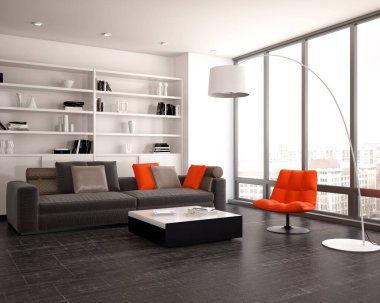 Büyük lüks, modern, parlak iç mekanlar. Oturma odası tasviri. 3D görüntüleme.