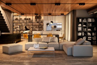 Büyük lüks, modern, parlak iç mekanlar. Oturma odası tasviri. 3D görüntüleme.