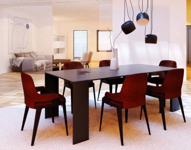 Büyük lüks, modern, parlak iç mekanlar. Oturma odası tasviri. 3D görüntüleme.