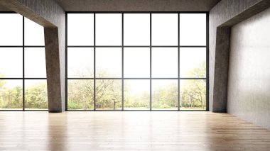 Büyük lüks, modern, parlak iç mekanlar. Oturma odası tasviri. 3D görüntüleme.