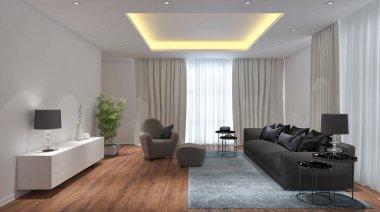 Büyük lüks, modern, parlak iç mekanlar. Oturma odası tasviri. 3D görüntüleme.