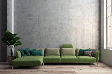 Büyük lüks, modern, parlak iç mekanlar. Oturma odası tasviri. 3D görüntüleme.