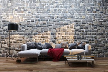 Büyük lüks, modern, parlak iç mekanlar. Oturma odası tasviri. 3D görüntüleme.