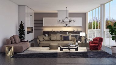 Büyük lüks, modern, parlak iç mekanlar. Oturma odası tasviri. 3D görüntüleme.