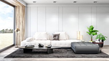 Büyük lüks, modern, parlak iç mekanlar. Oturma odası tasviri. 3D görüntüleme.