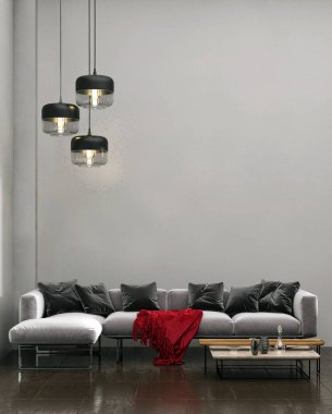 Büyük lüks, modern, parlak iç mekanlar. Oturma odası tasviri. 3D görüntüleme.