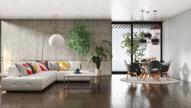 Büyük lüks, modern, parlak iç mekanlar. Oturma odası tasviri. 3D görüntüleme.