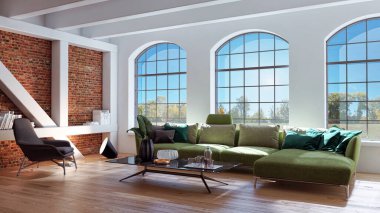 Büyük lüks, modern, parlak iç mekanlar. Oturma odası tasviri. 3D görüntüleme.